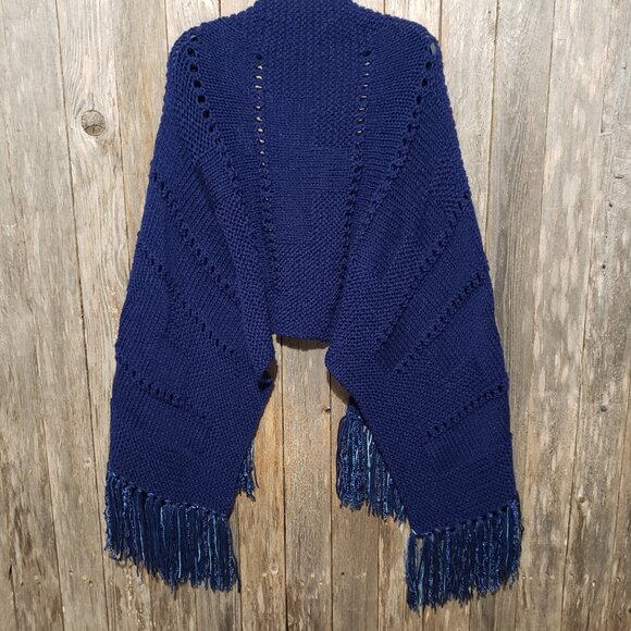 NEW Navy Blue Mix Stitch Hand Knit Knitted Shawl Wrap Scarf Eyelet Topper - Picture 7 of 9